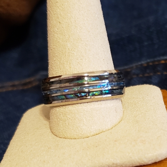 NEW Mens Tungsten Carbide inlaid Shells Blue Opal Statement Ring Gifts Unisex - Picture 10 of 16